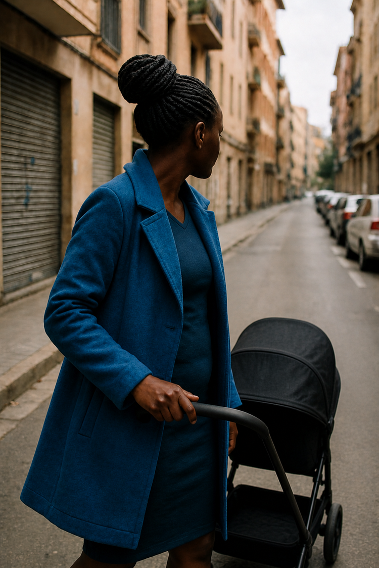 Una mujer africana con un abrigo azul empuja un carrito de bebé en la calle de una ciudad